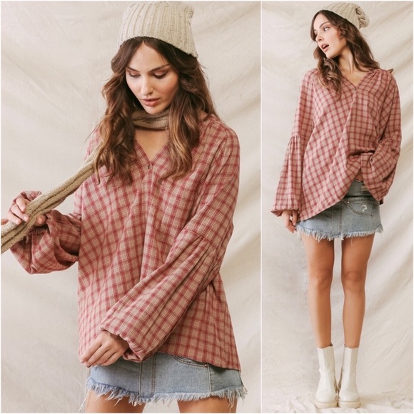 ValMarie Tops - Women’s Lightweight Plaid Sand Wine V Neck Front Spring Top